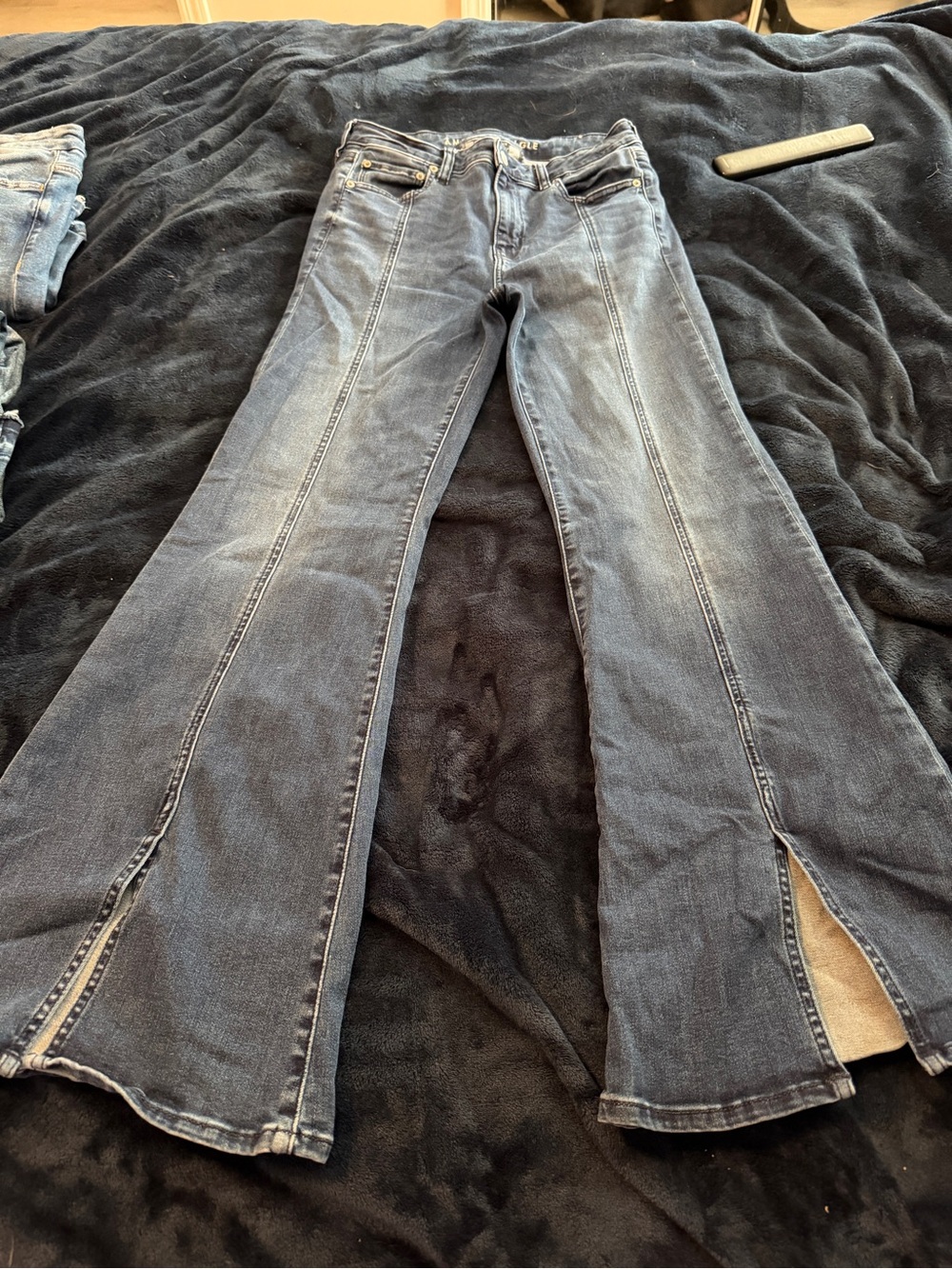 American Eagle Outfitters Dark Faded Blue Split-Hem Flared Leg Jeans